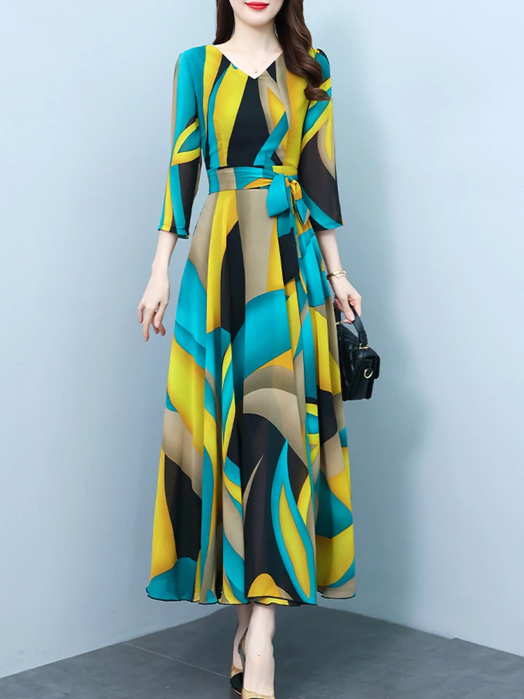 

Elegant Chiffon Korean Fashion Long Dress Casual V-Neck Floral Tunics Women Summer Dresses Beach Evening Chic Midi Prom 2023 New