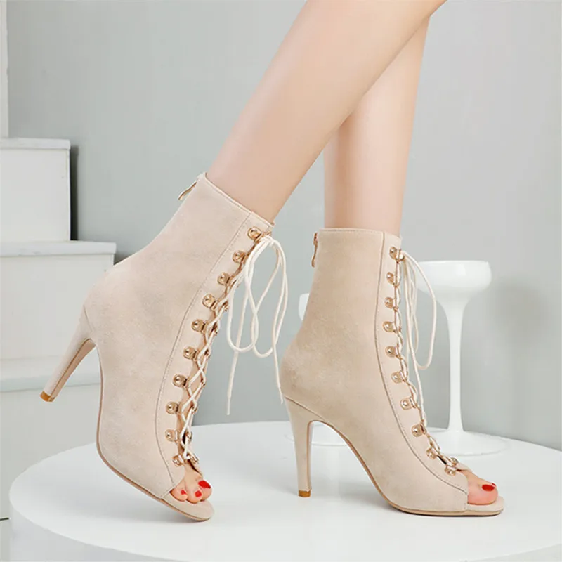 

New Fashion Black Summer Sandals Lace Up Cross-tied Peep Toe High Heel Ankle Strap Net Surface Hollow Out Sandals 2023