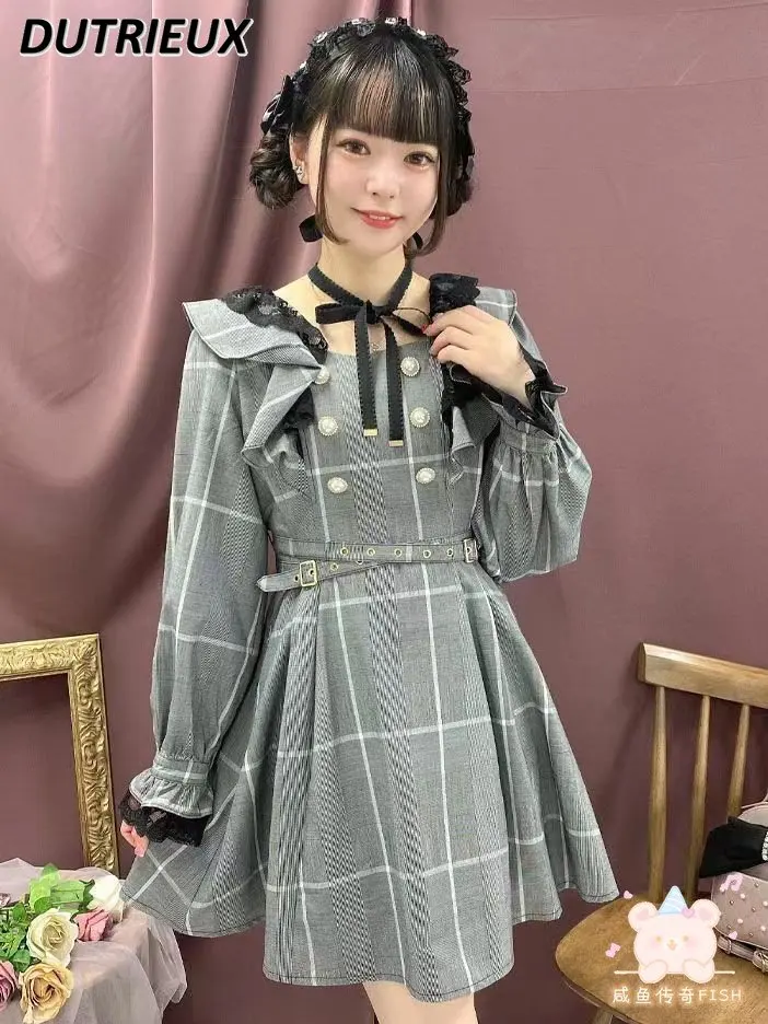 Rojita Spring Autumn Women's Dress New Japanese Style Double Breasted Halter Casual Plaid Dress Fashion Long Sleeve Dress