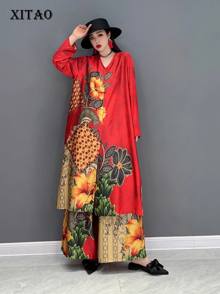 

XITAO Print Pattern Two Piece Set Women Fashion Split Pleated Full Sleeve Pullover Top Elastic Waist Full Length Pants WLD6848