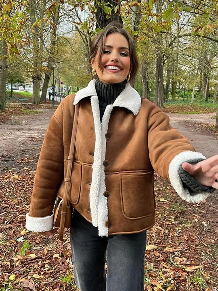 Осенне-зимняя модная куртка из искусственного меха ягненка женское коричневое