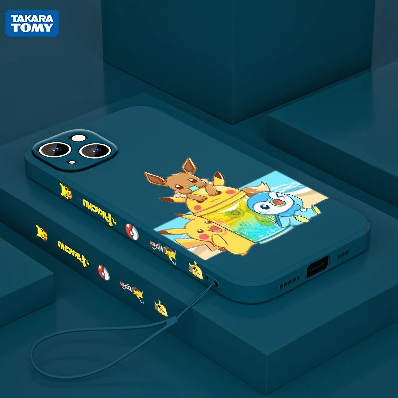 

Anime Cool Pikachu For Apple iPhone 13 12 Mini 11 Pro XS MAX XR X 8 7 6S SE Plus Liquid Left Rope Silicone Phone Case Coque Capa