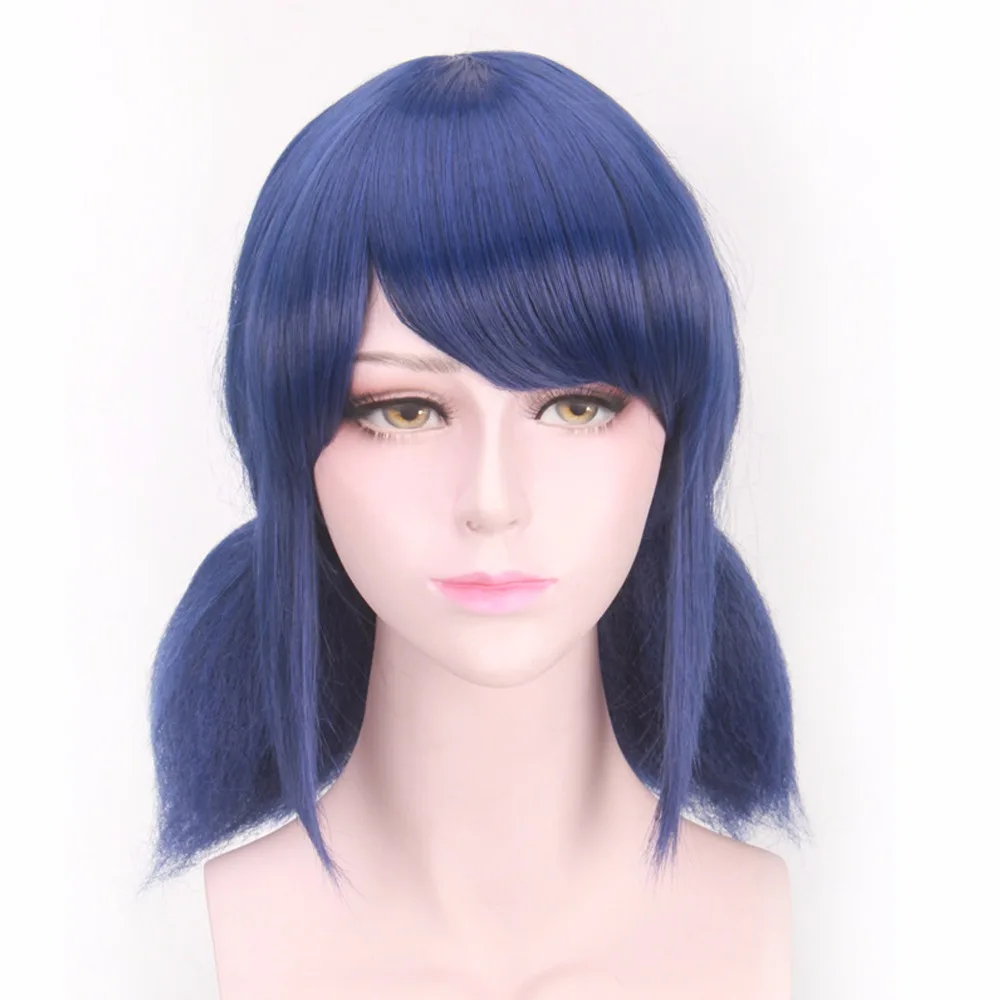 

LB Wigs Peluca Marinette Cosplay Wig Girls Women Lady Double Ponytails Short Straight Blue Hair Anime Wigs + Wig Cap