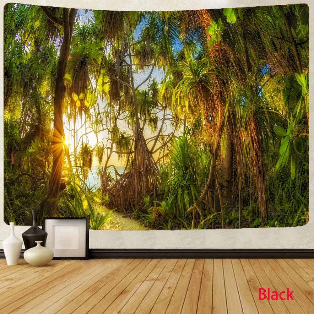

Natural Forest Wall Tapestry Ocean and Green Trees Sunset Wall Tapestry