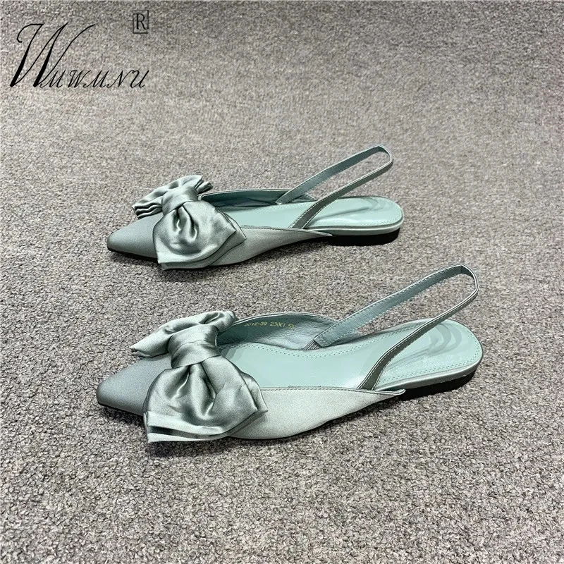 

Sexy Non-Slip Pointed Slingback Comfort Office Shoes Black Silk Cloth Butterfly-knot Slip On Women Sandals Fashion Party Shoes