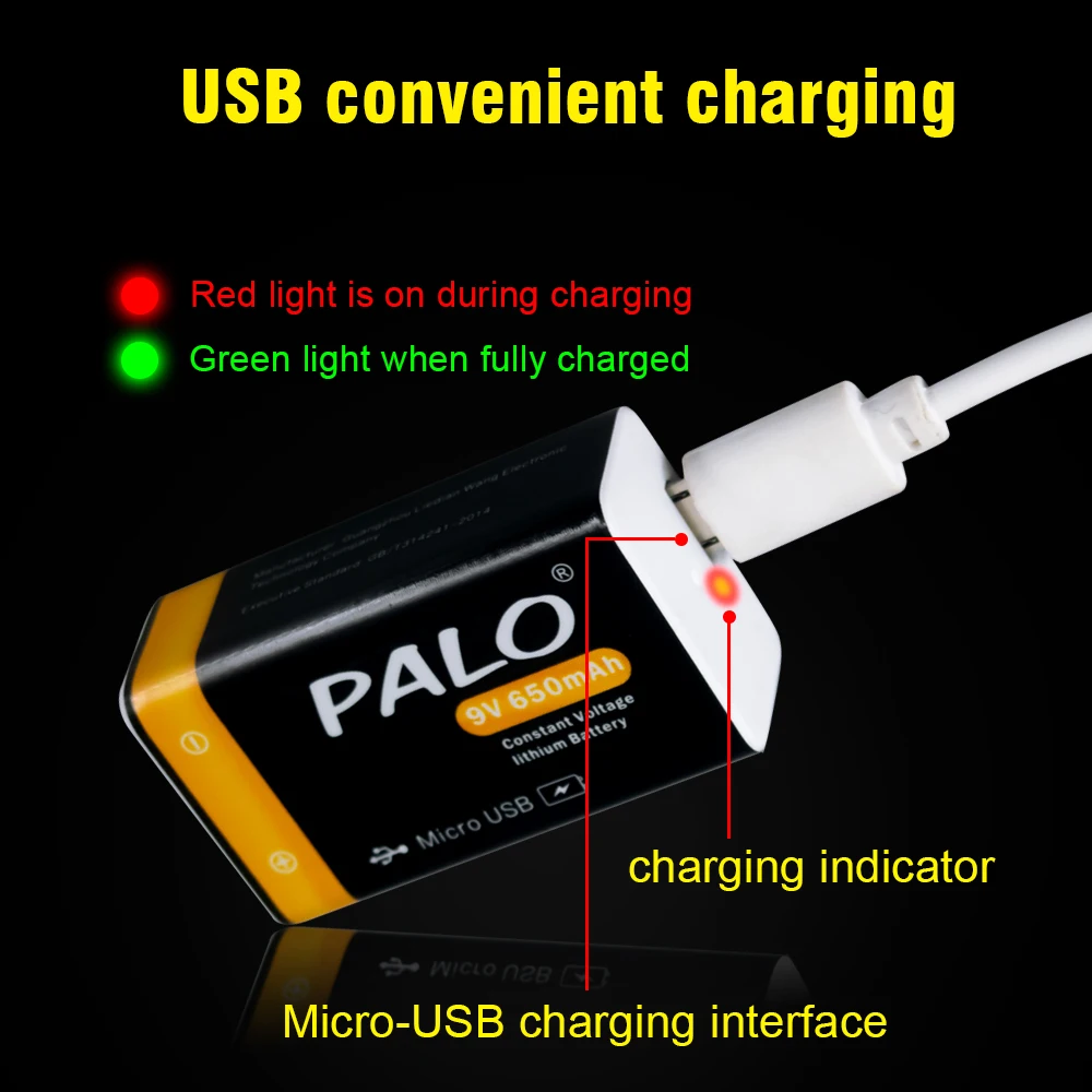 Литий-ионный аккумулятор PALO 6F22 650 мАч 9 В micro USB | Электроника