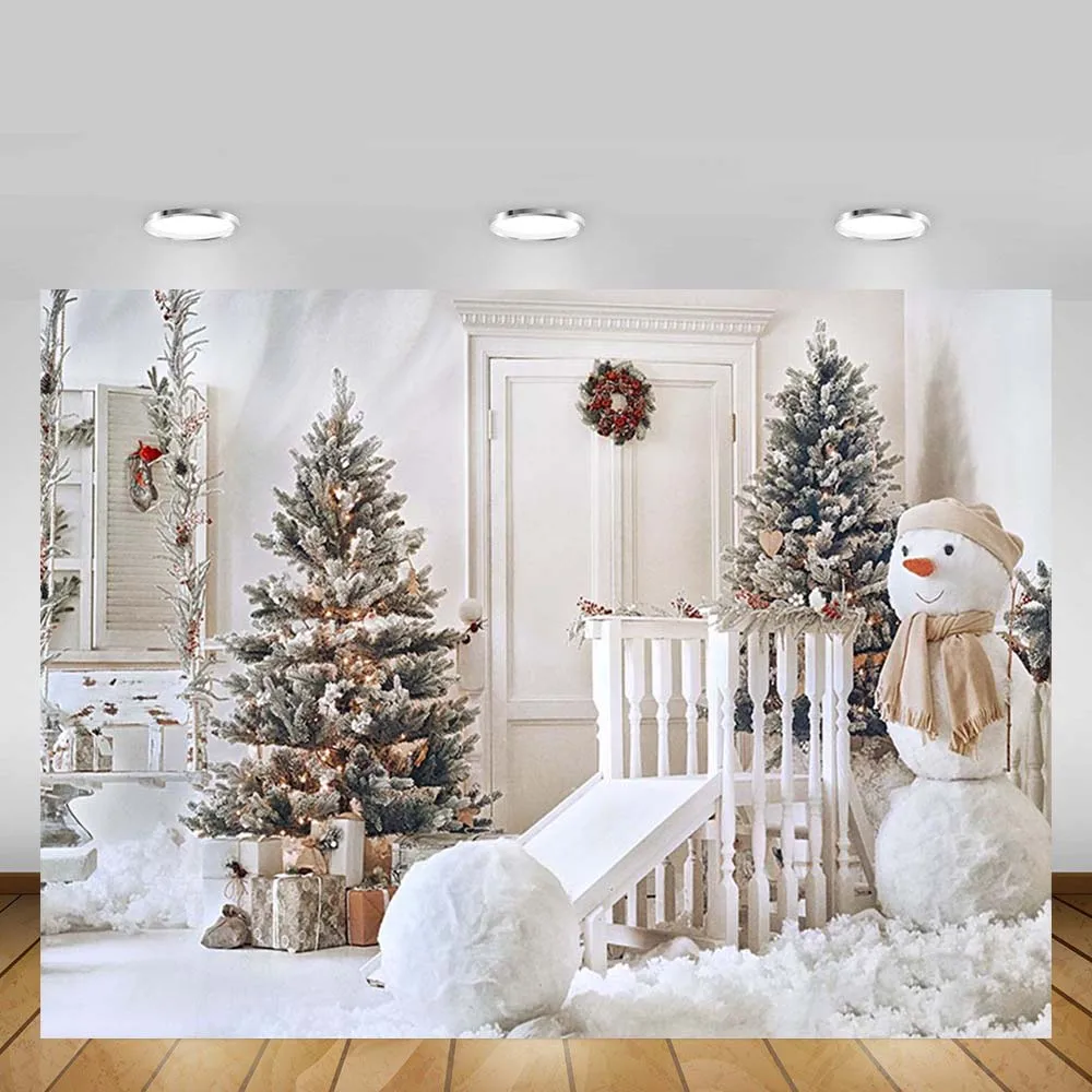 

Mehofond Backdrop Christmas Tree White House Floor Snowman Indoor Slide Decoration Photography Background Photo Studio Photophon