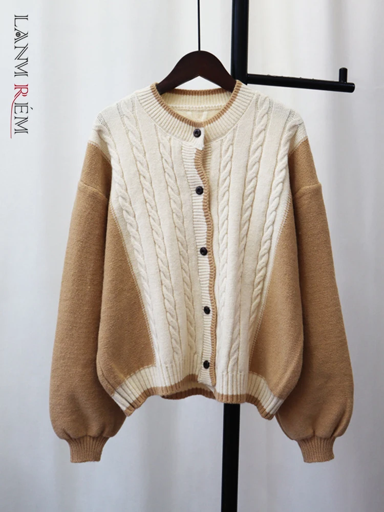 

LANMREM трикотажные свитера для женщин однобортный контрастный цвет шикарный Кардиган Женская одежда 2022 осень зима новый 2R5319