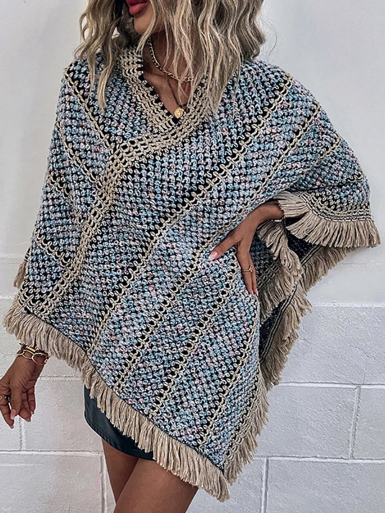 

Autumn Winter Fashion Women Knitting Shawls Wraps Oversize Ponchos Stripe Capes Casual Tassel Lady Clothes Streetwear Folk-custo