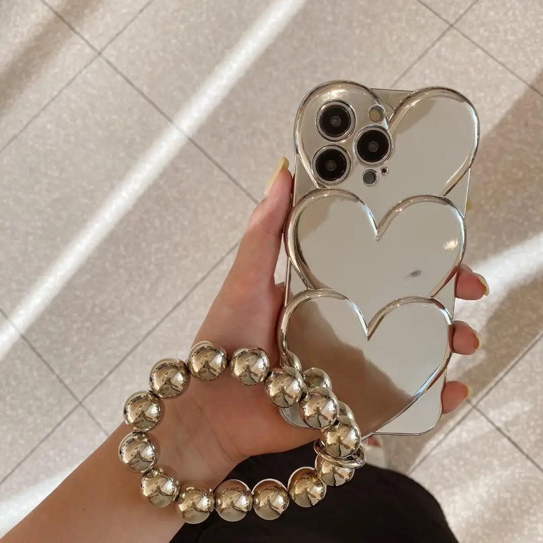 

Luxury Fashion Plating 3D Overlap Love Heart Phone Case with Bead Bracelet for iPhone 14 13 12 11 Pro Max X XS XR Kawaii Cover
