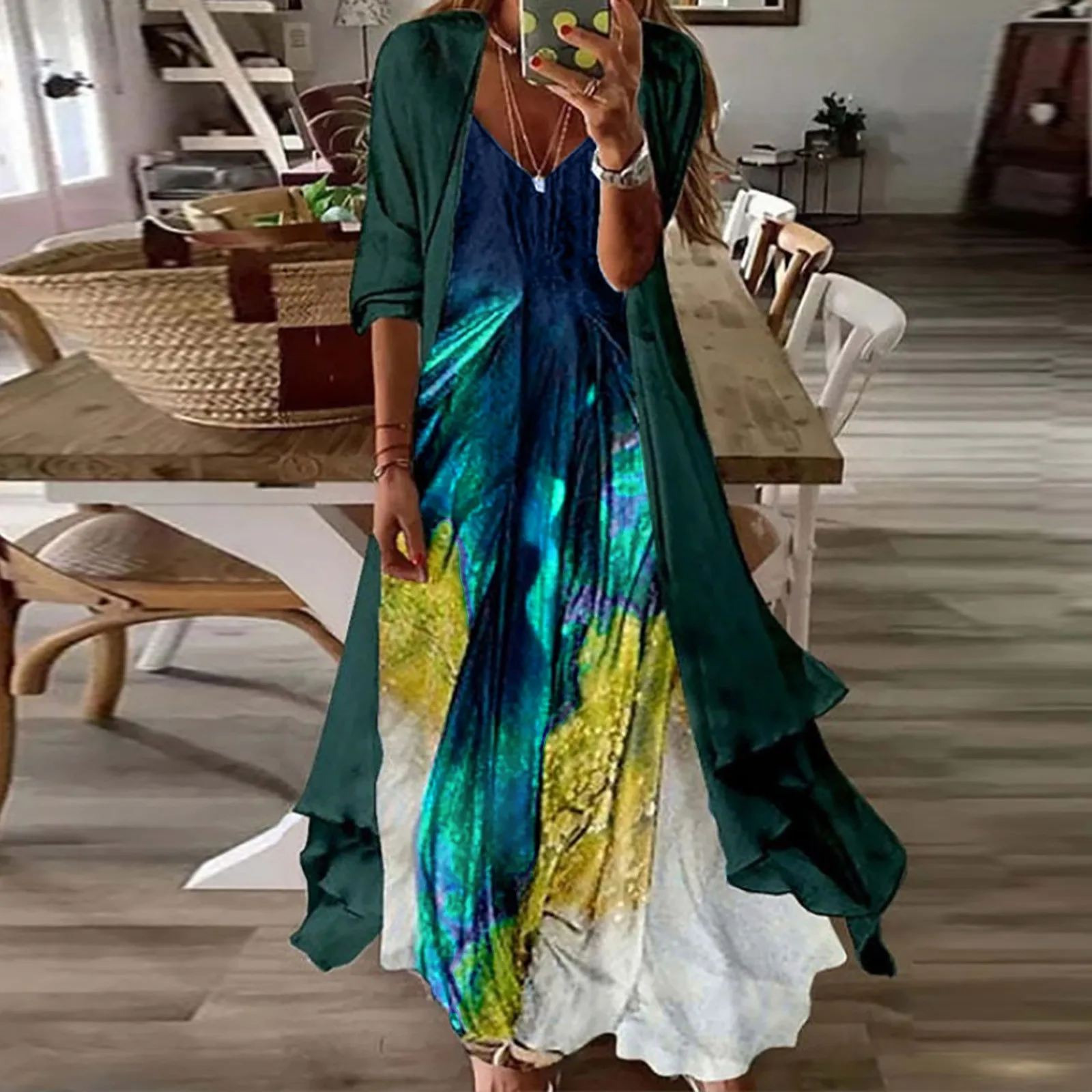 

Women Casual Print Dress V Neck Sleeveless Dress Half Sleeve Chiffon Shawl Cardigan Two Set Dress Women Denim Dress