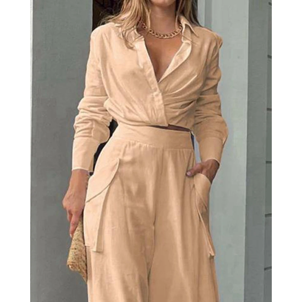 Women Casual V-Neck Ruched Long Sleeve Shirts & High Waist Pants Set Female Two Piece Suit Sets Outfits Set Summer Workwear