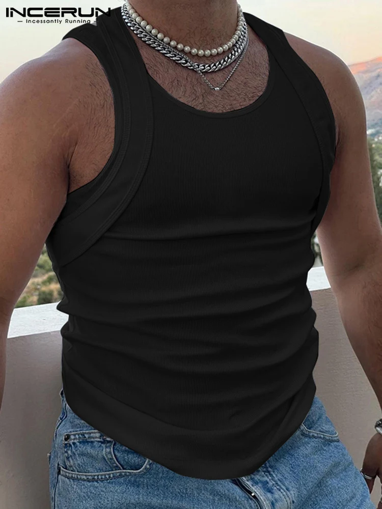 

INCERUN Men Tank Tops Solid Color O-neck Sleeveless Fake Two Pieces Casual Vests 2022 Summer Fitness Fashion Men Clothing S-5XL