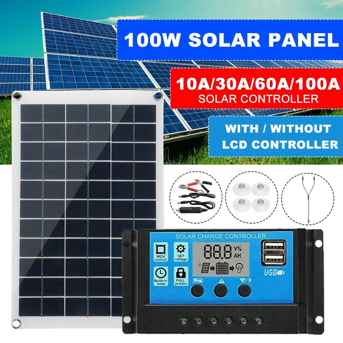 

Solar Controller 12V/24V 60A 100A Solar Regulator PWM Battery Charger LCD Display Dual USB 5V Output with 100W Solar Panel