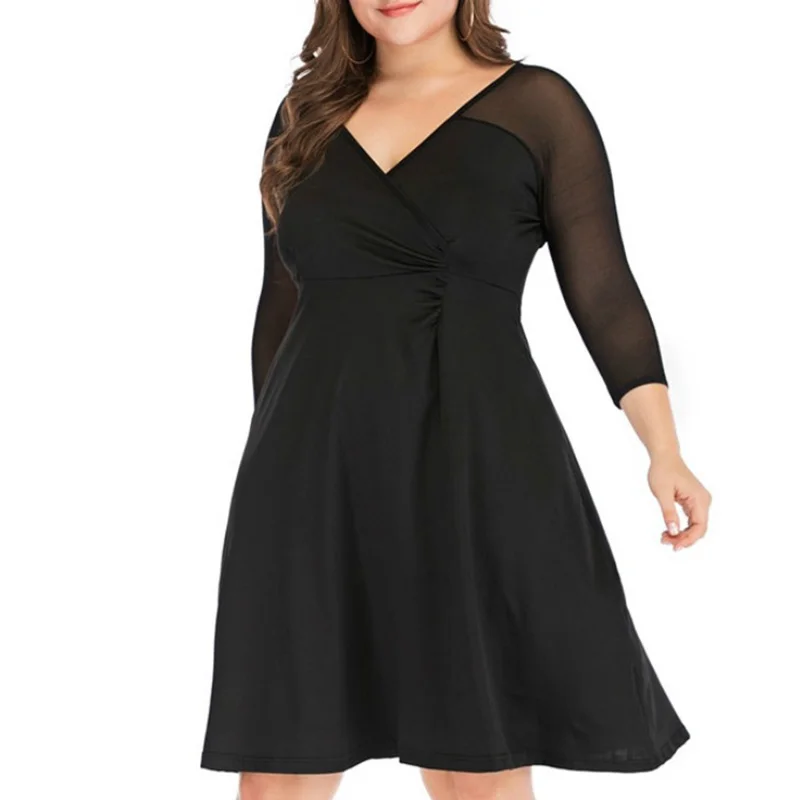 Plus Size Clothes V-Neck Black Net Yarn Patchwork Three Quarter Sleeve Elegant Pleated Spring Summer Women Knee-Length Dresses