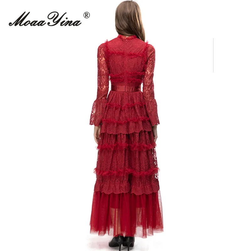 MoaaYina летнее модное дизайнерское красное винтажное вечерние платье для женщин с