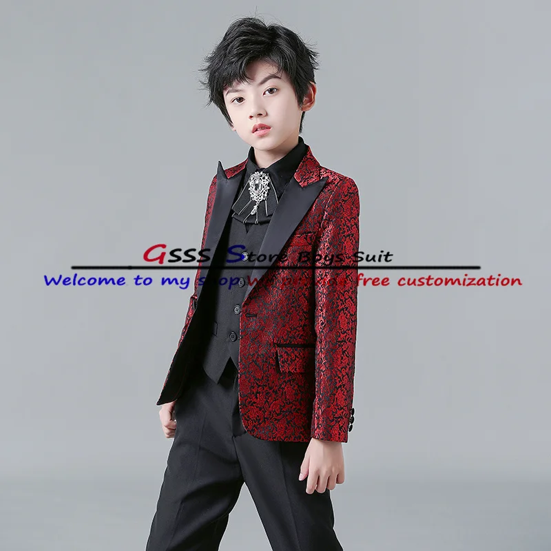 Suit for Boys Wedding Tuxedo Printed Jacket Set Formal 4 Piece Blazer Pants Vest Bow Tie Slim Fit Outfit kinderkleidung jungen