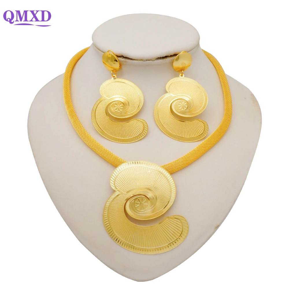 

Fashion Dubai Gold Color Jewelry Set For Women Luxury Big Flower Pendant Necklace & Earrings Weddings Gifts Bridal Accessory