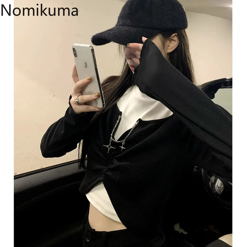 

Nomikuma Blusas Mujer De Moda 2022 Stand Neck Fake Two Piece Hollow Out Chic Long Sleeve Tees Retro Fashion Casual Streetwear