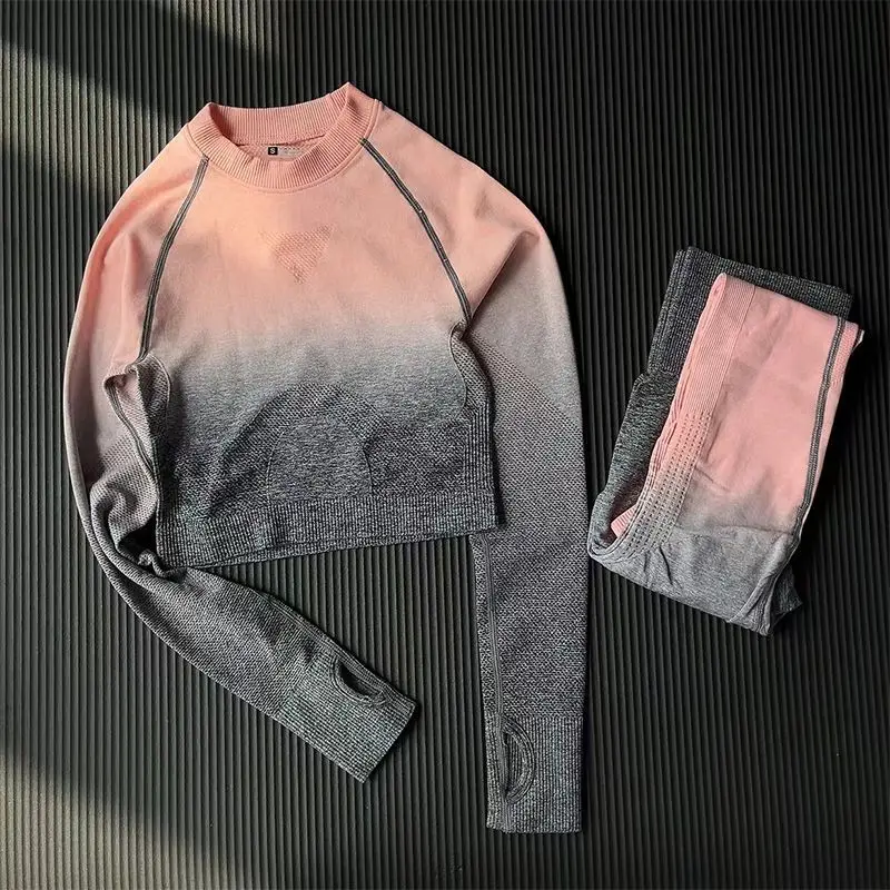 Gradient Yoga Set Women Sport Suit Fitness Long Sleeve Top Elastic Leggings Push Up Workout Gym Running Quick-drying Clothing