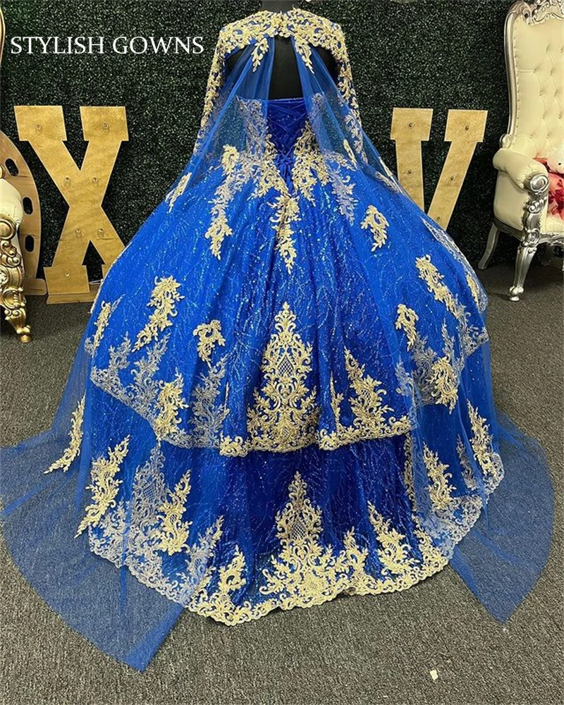 

Royal Blue Sweetheart Ball Gown Quinceanera Dresses With Cape Bead Celebrity Party Gowns Appliques Graduation Vestido De 15 Anos
