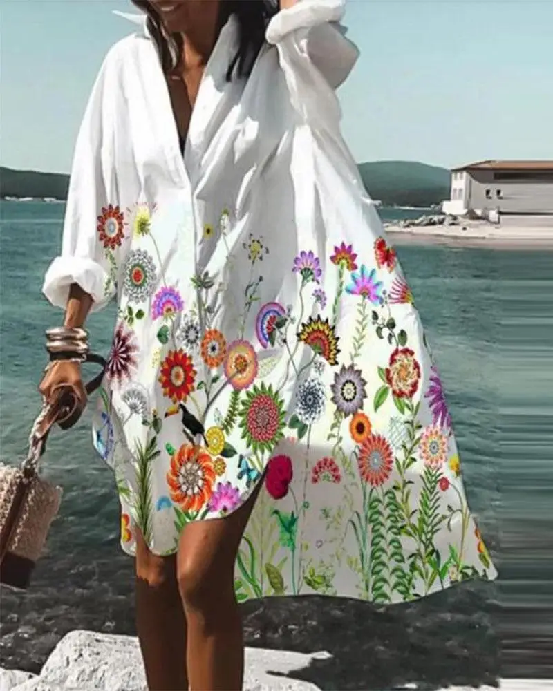 

Floral Print Long Sleeve Casual Shirt Dress Women Long Loose Spring Summer New Flower Dress Single Breasted Button