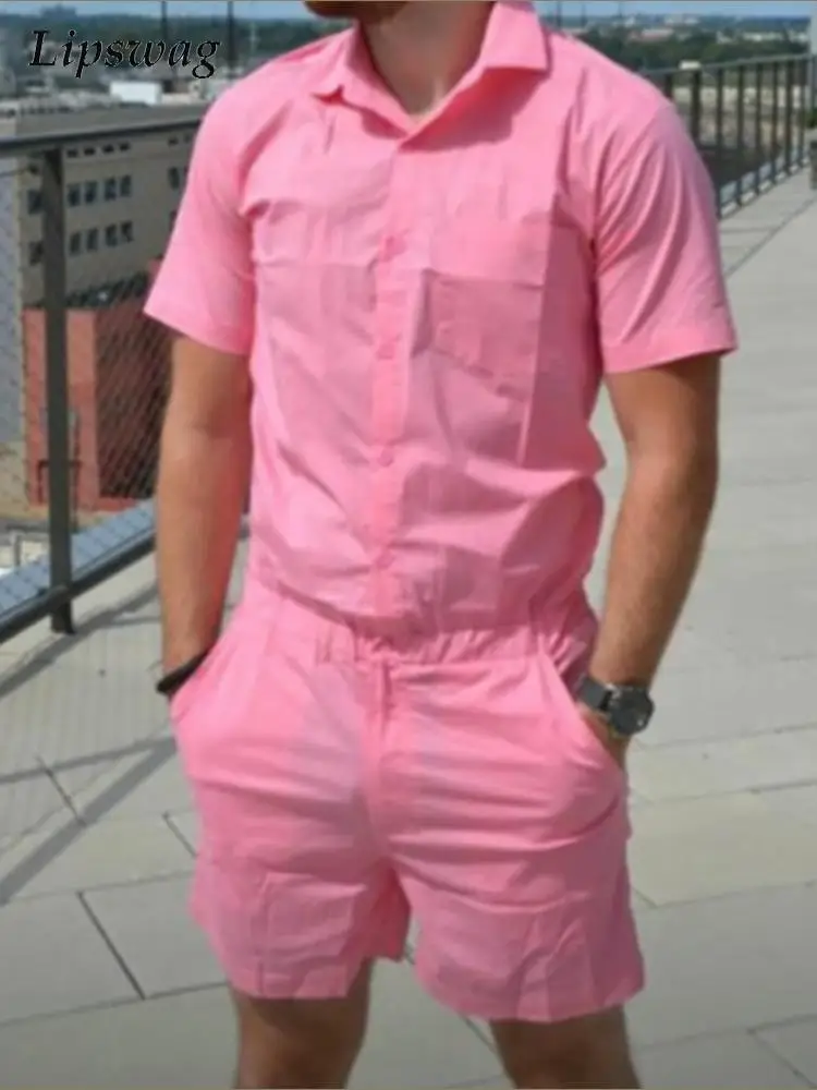 Комбинезон мужской с отложным воротником повседневный однотонный ромпер