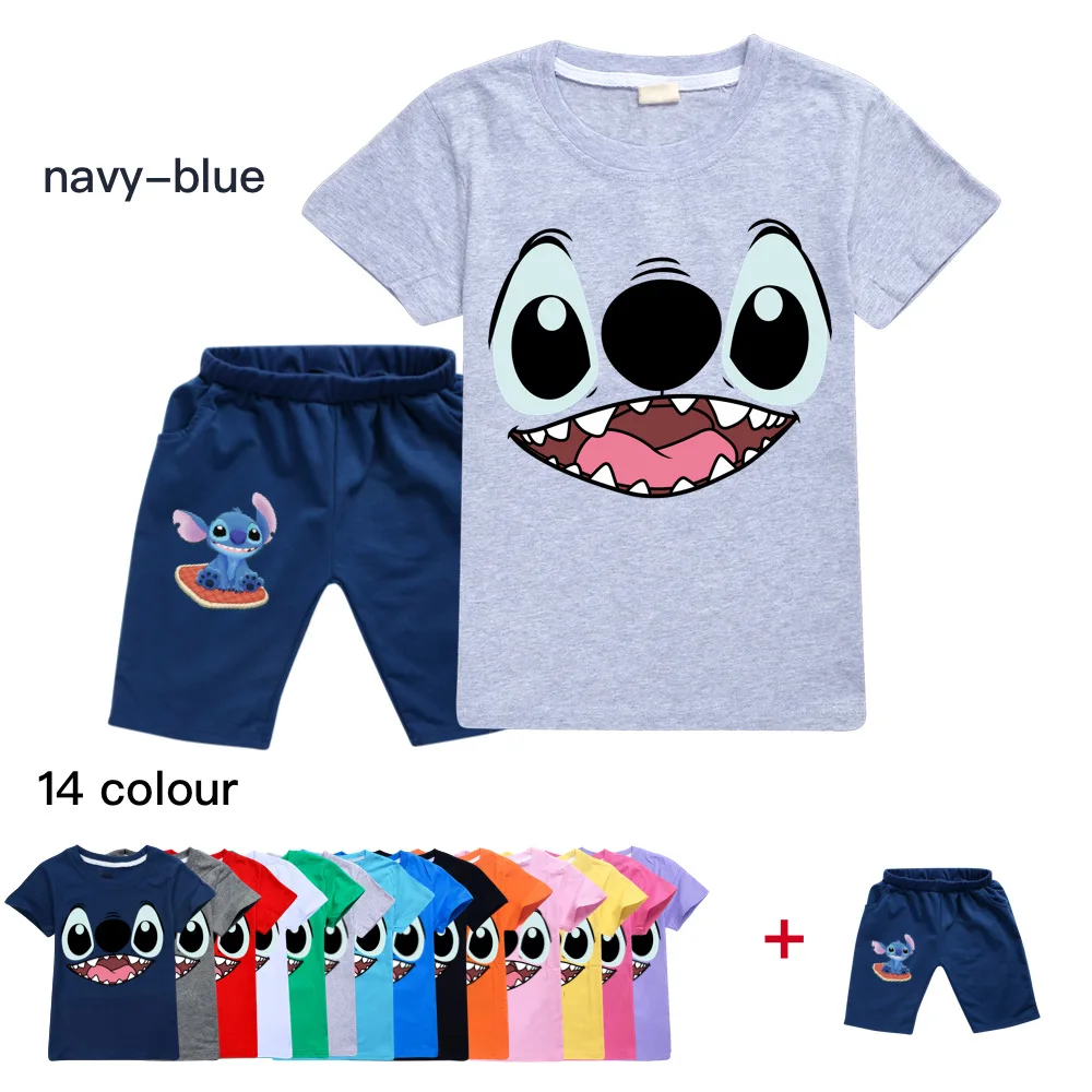 

2022 New Disney Stitch Printed Cotton Breathable Boys Girls Round Neck T-Shirt Sportswear Summer Shorts Printed Suit