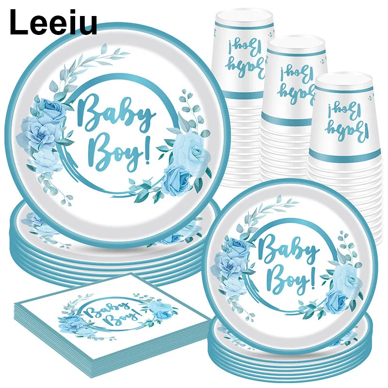 

Leeiu Baby Boy Party Disposable Tableware Blue Paper Plates Cup Napkin Babyshower Birthday Decoration Gender Reveal Party Supply