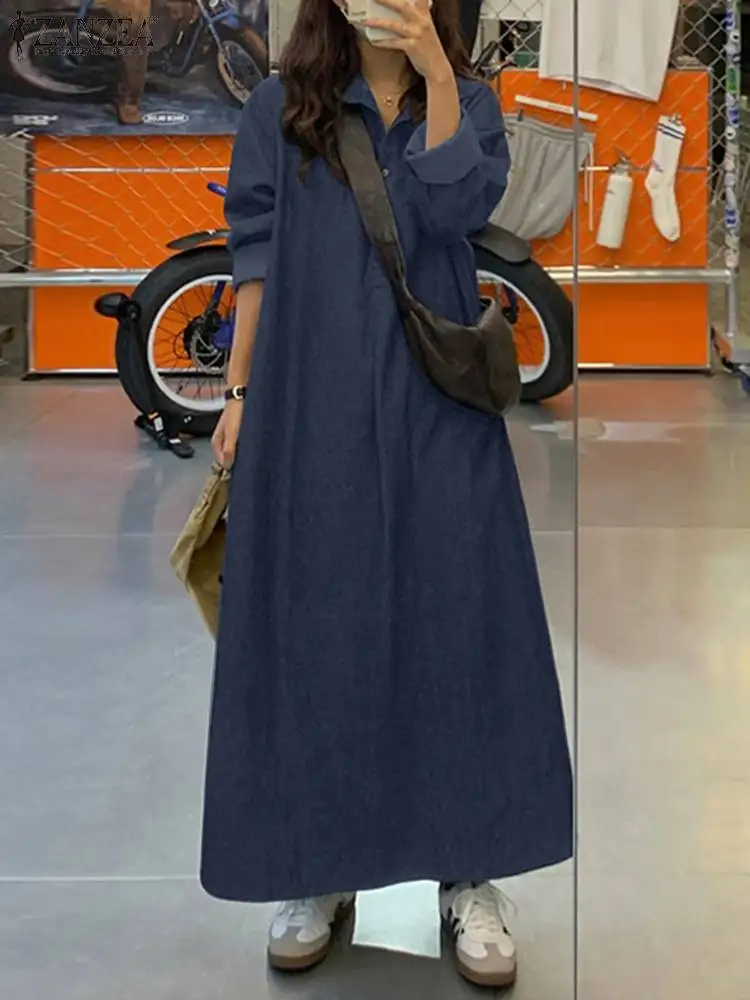 

Spring Denim Blue Shirt Dress Women Long Sleeve Maxi Dresses ZANZEA Casual Loose Buttons Up Long Vestidos Robe Femme Kaftan 2023