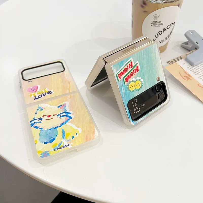 Watercolor Cartoon Cat Puppy Phone Case for Samsung Galaxy Z Flip 4 3 Hard Cover for ZFlip3 Zflip4 Solid Shell Bracket
