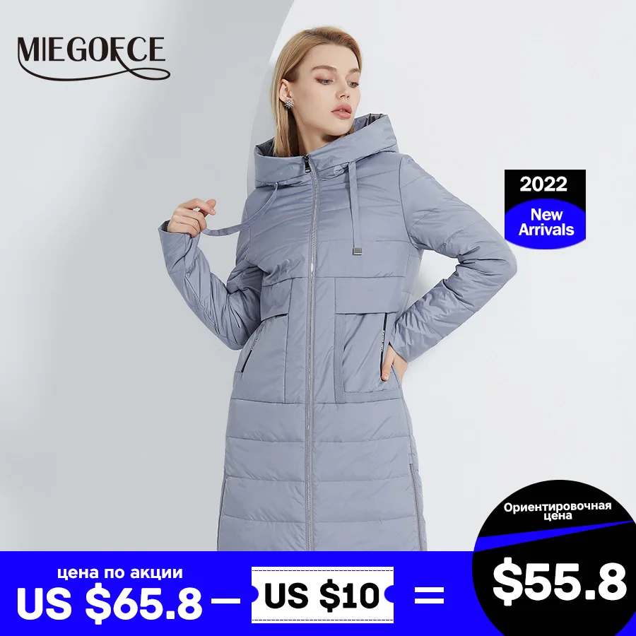

MIEGOFCE 2022 Весна-осень высококачественная длинная женская куртка с капюшоном и длинным рукавом с карманом на молнии облегающая женская пальто...