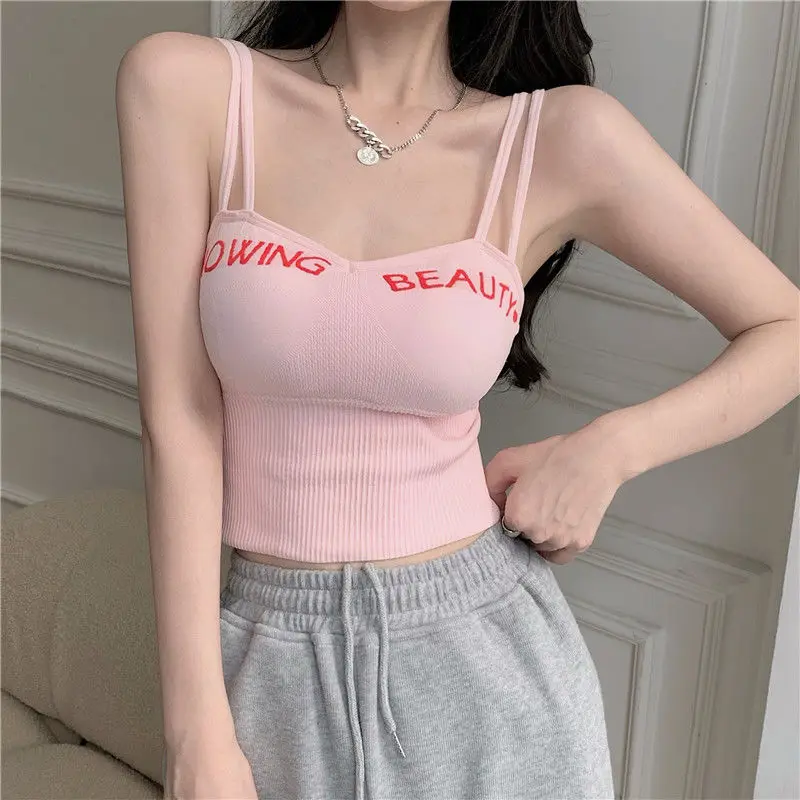 

Ladies Camisole Slim Fit Sexy Gather Underwear With Bra Pad Tank Top Women Strap Vest Female Letter Women's Backless Crop Top