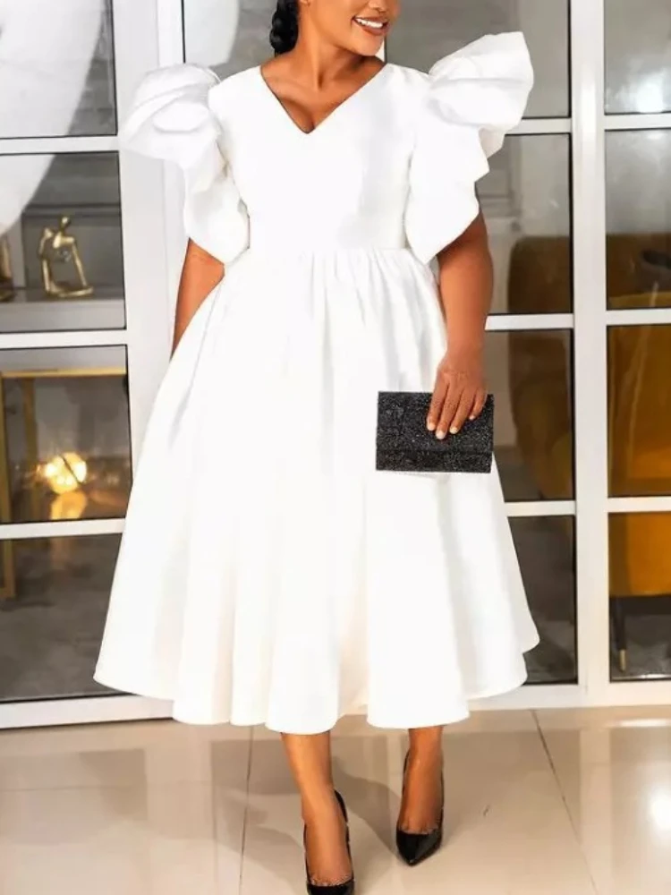 

Women Party Long Dress V Neck High Waist Pleated Ruffles Elegant Celebrated Occasion Modest Birthday Wedding Guest African Robe