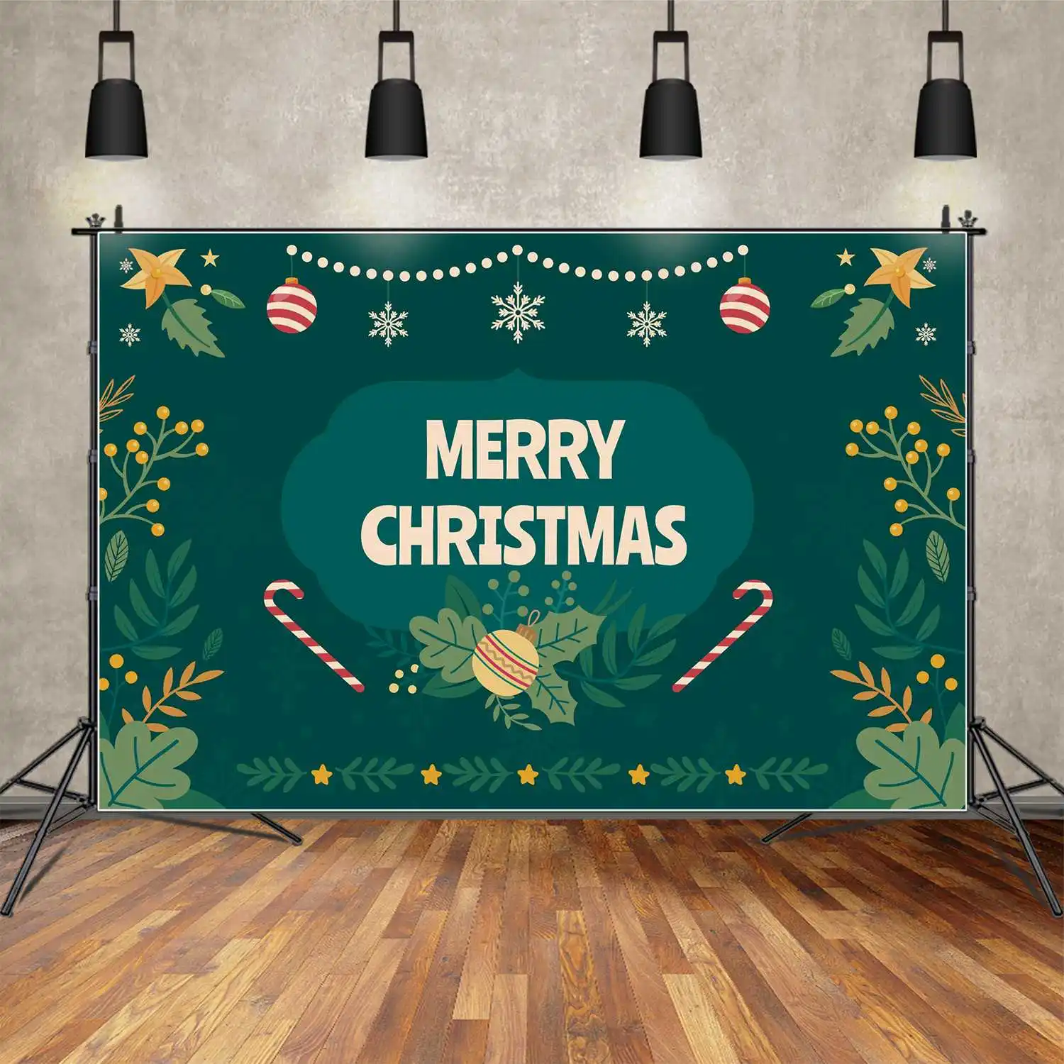 

MOON.QG Backdrop Merry Christmas Green Snowflake Party Banner Background Crutch Balls Leaves Party Decorations Photo Booth Props