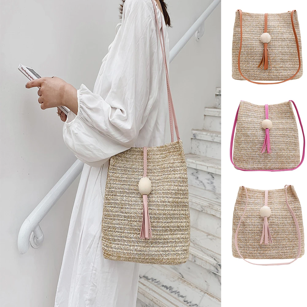 

Woven Crossbody Handbags Large Capacity with Wooden Beads Composite Shoulder Bag Durable Women Scratch Resistant Daily Leisure