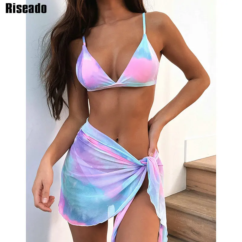 

Riseado Tie Dye 3 Piece Bikini Sexy Women Mesh Swimsuits Cover Up Wrap Beach Skirt V-neck Women's Swimwear 2022 New Bathing Suit