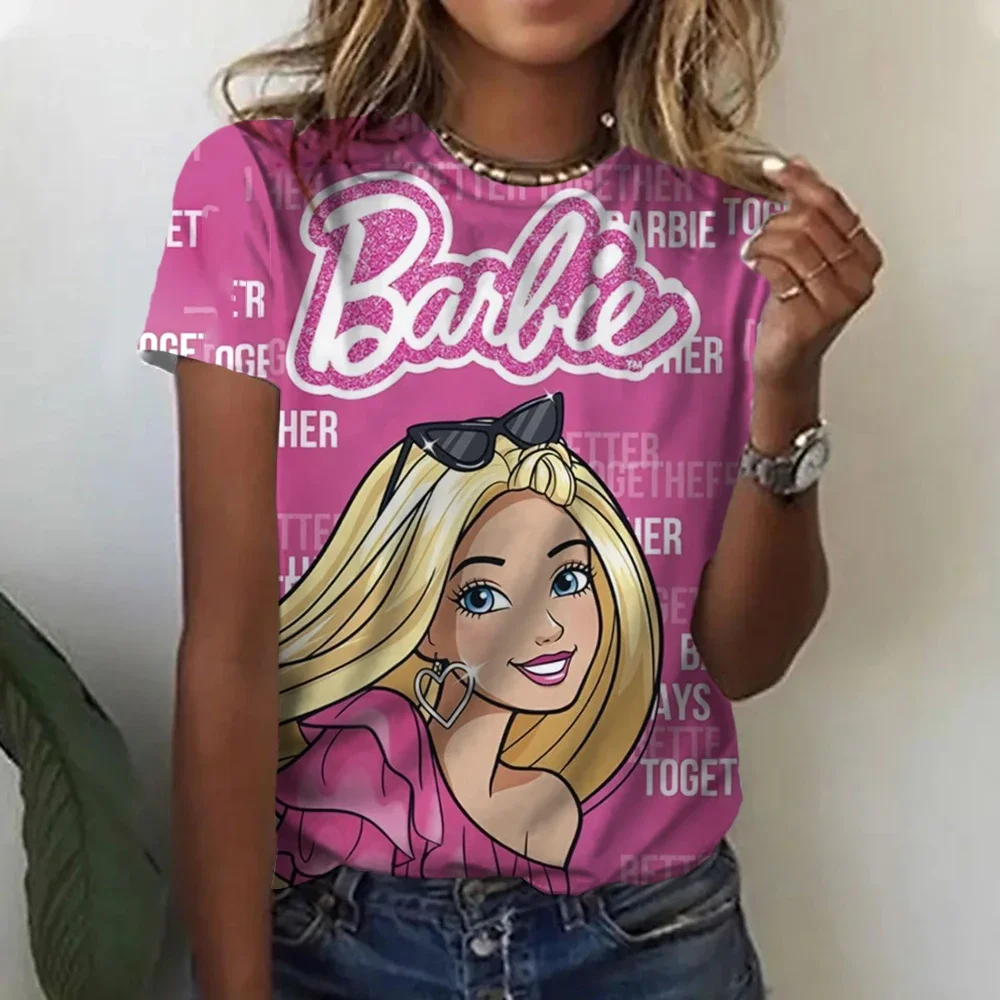 2024 Новая женская футболка с круглым вырезом и коротким рукавом Барби