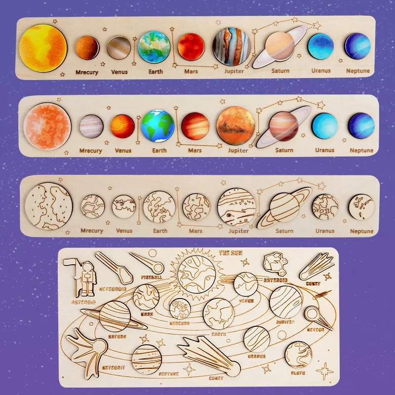 Montessori Puzzle in legno bambini bambini 8 pianeti Match sistema solare universo terra cosmica cognizione gioco educativo tavolo da gioco