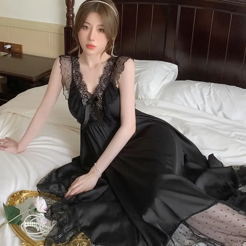 

Female Ladies 2023 Summer Neck Nightdress Lace Sleeveless Satin Dress for Patchwork Nightgown Women's Mesh Solid Home