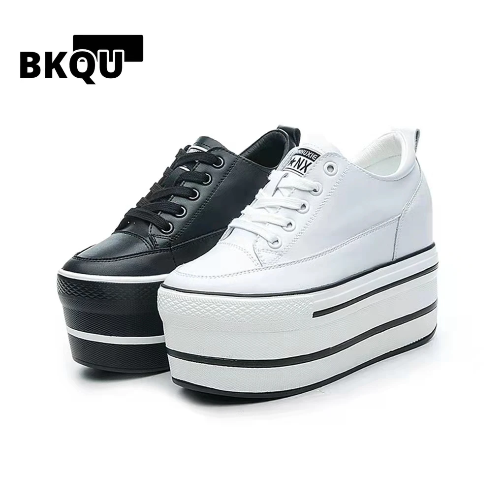

BKQU супер высокий и толстый каблук платформа плоская подошва женская повседневная обувь из натуральной кожи мягкая высококачественная повседневная обувь кроссовки белый черный
