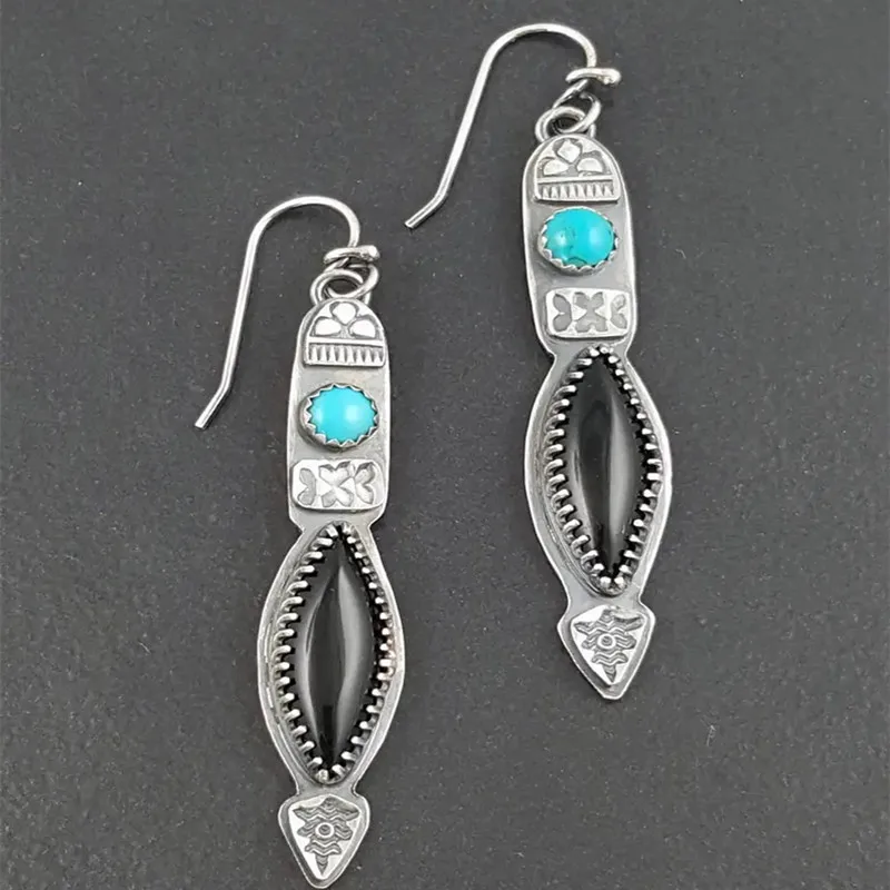

Long Rhombus Black Stone Hook Earrings Boho Jewelry Vintage Silver Color Oval Blue Stone Metal Carving Drop Earrings