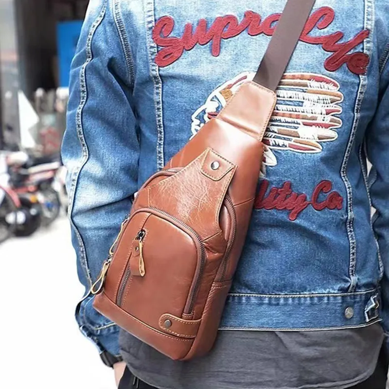 Luxury Genuine Leather Chest Bag For Men Business Shoulder Crossbody Bag Casual Sling Bag Male Travel Chest Daypack