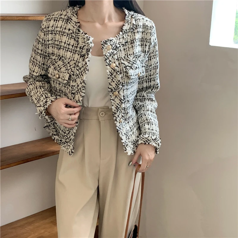 Женская твидовая куртка с бахромой однобортная короткая длинным рукавом и