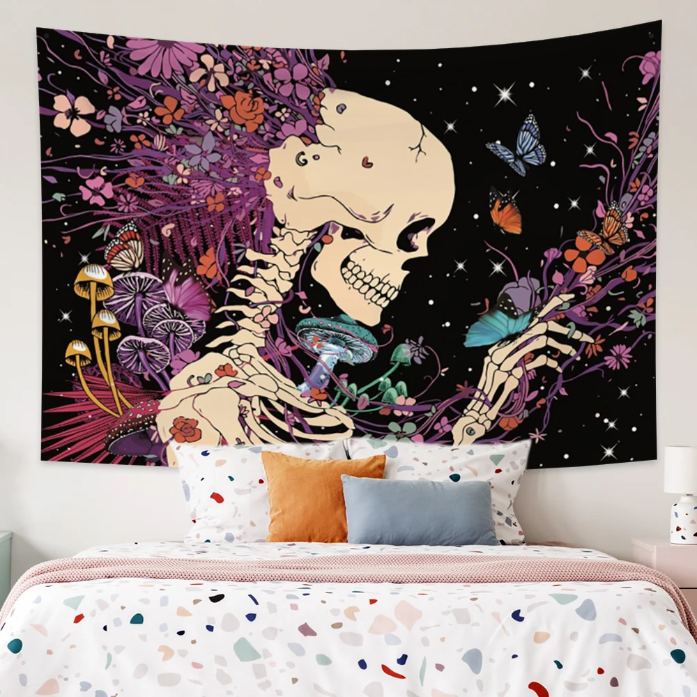 

Skulls Flower Tapestry Trippy Room Dorm Decor Black Esotericism Printing Big Mounted Cheap Hippie Bohemian Wall Mandala Art Home
