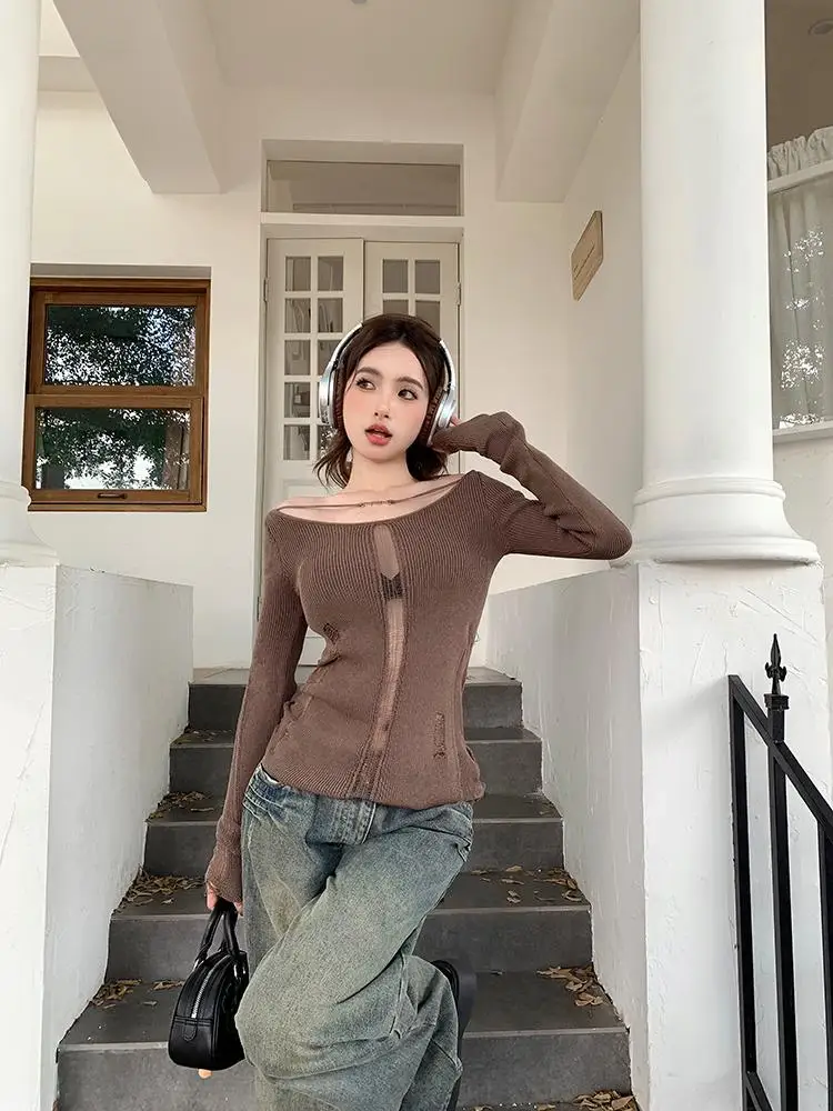 

Hollow-out One-shoulder Long-sleeved Knitted Sweater Women's Autumn Hot Girl Temperament Self-cultivation Bottoming Shirt Top
