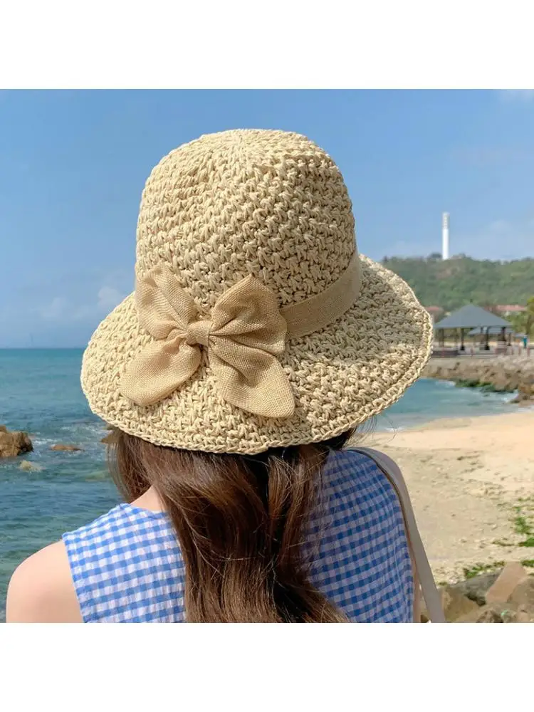 

Fashion Bow Straw Hat Summer Women Foldable Breathable Sunscreen Girls Beach Sunhat Female Outdoor Travel Sun Hats For Women