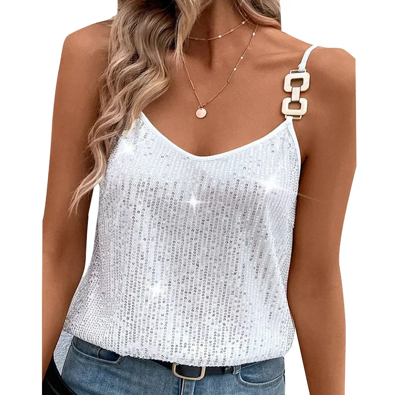 

Sequin Glitter Tank Tops Women Chain Strappy Tank Tops Ladies New Sexy Camis Vneck Swing Sparkle Vest Clubwear Party Night Tanks