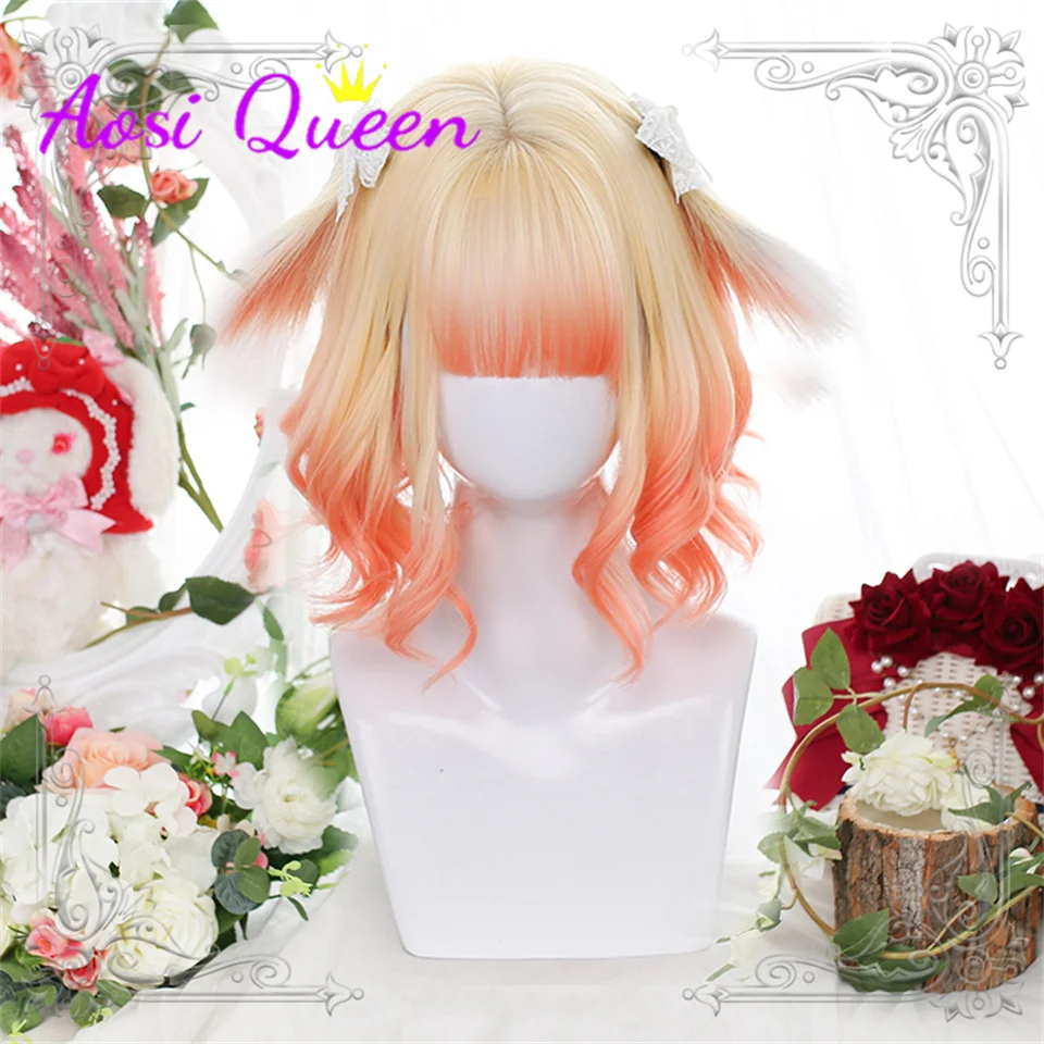 

AS white mixed with orange Short Bob Lolita Wig Short Straight Hair Synthetic Heat-resistant Wig Women Cosplay Daily Wear