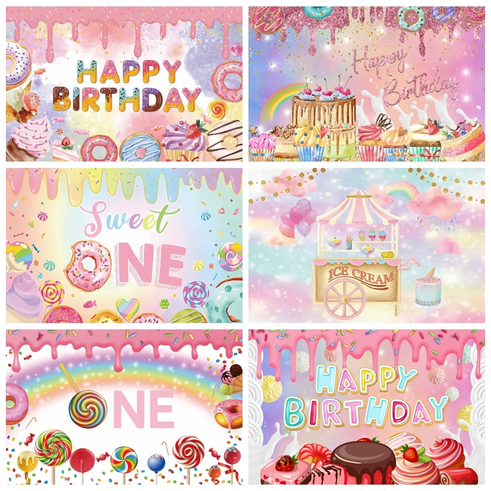 

Candy Bar Shop Backdrop for Photography Ice Cream Donuts Cupcake Lollipop Sweet Baby Birthday Party Background Kids Photo Studio